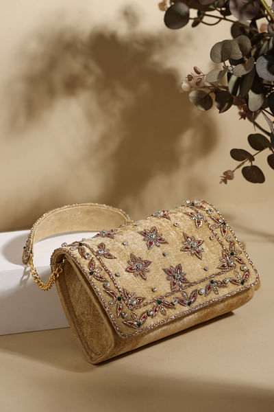 Gold floral and leaf embroidered clutch