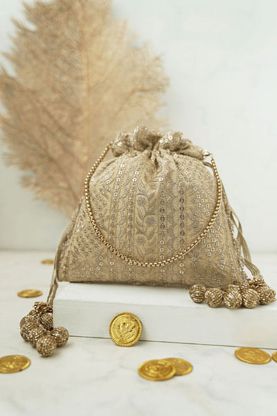 Gold floral and scallop embroidered potli bag