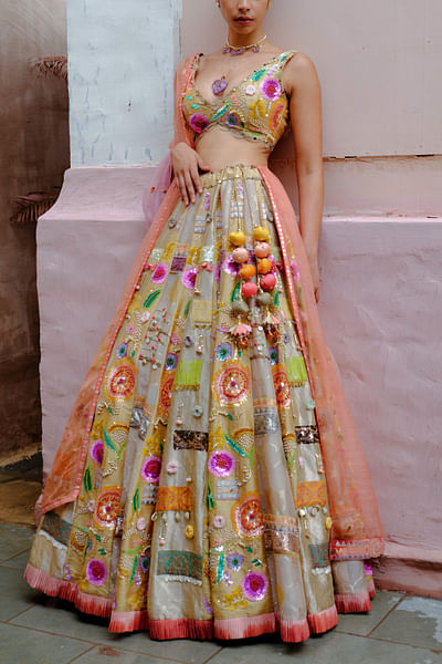 Gold floral embellished woven lehenga set