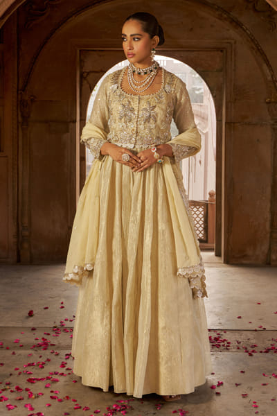 Nidhika Shekhar Gold floral embroidered anarkali set NIDFEB25D116497