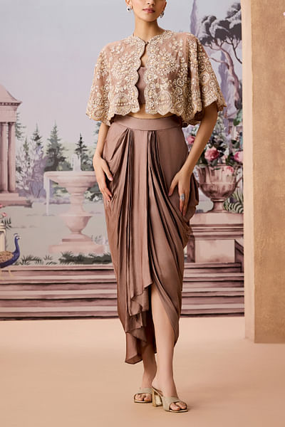 Gold floral embroidered cape and skirt set