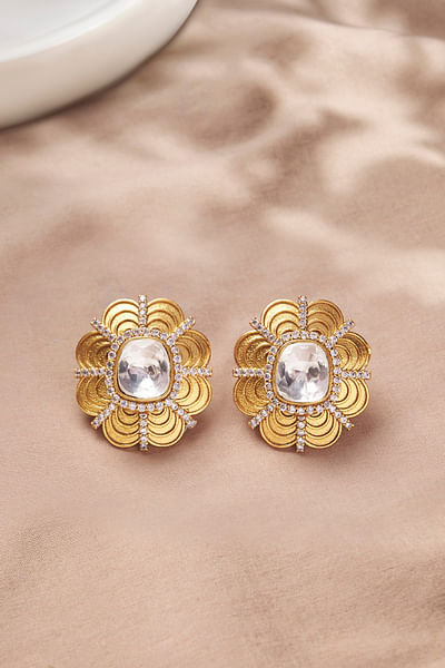 Gold floral kundan polki studded earrings