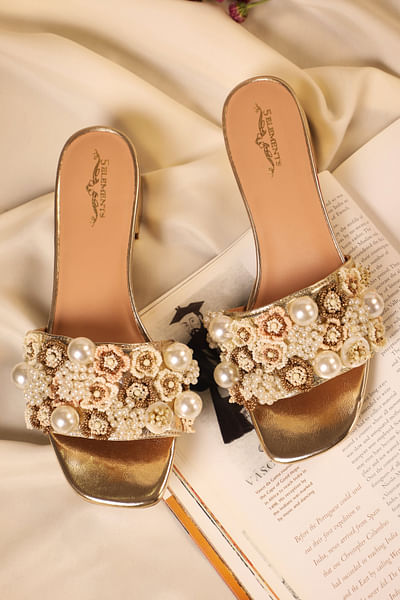 Gold floral pearl and bead embroidered heels