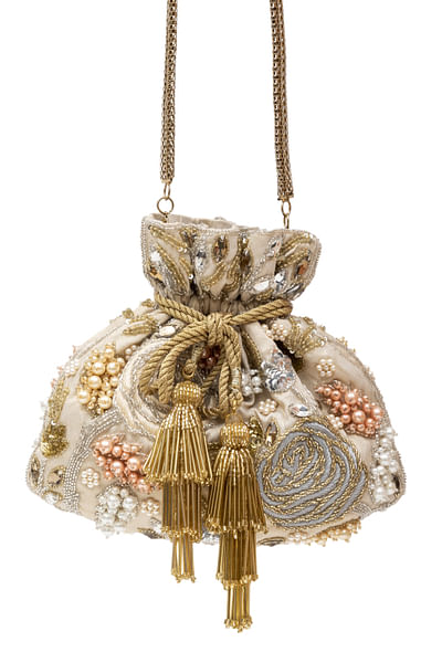 Gold floral pearl embroidered potli bag