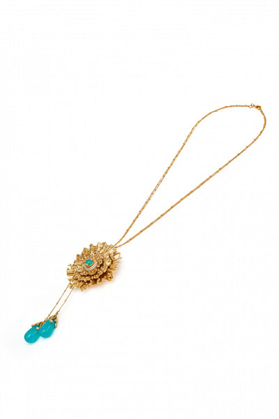 Gold floral pendant turquoise necklace