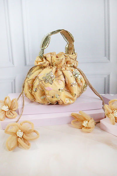 Gold floral sequin embroidered potli bag
