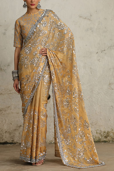 Gold floral sequin embroidered sari set
