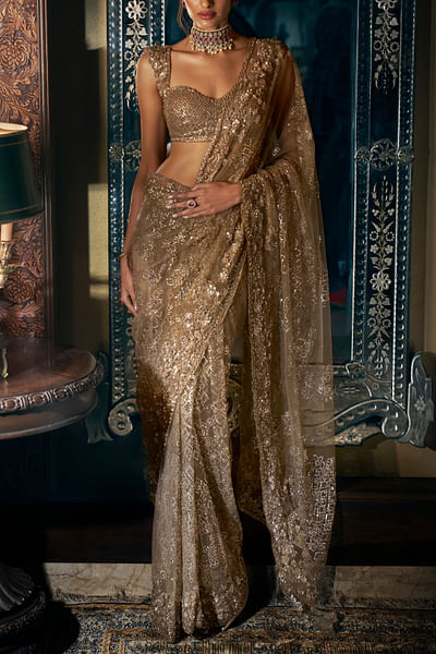 Gold floral sequin embroidered sari set