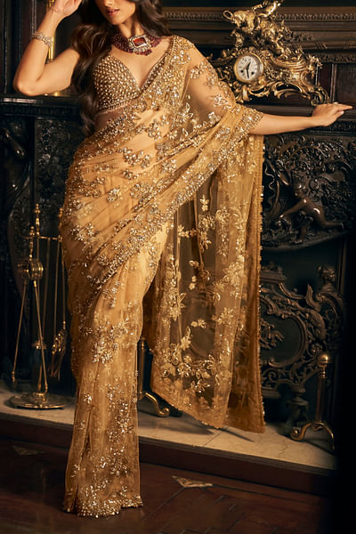 Gold floral sequin embroidery sari set