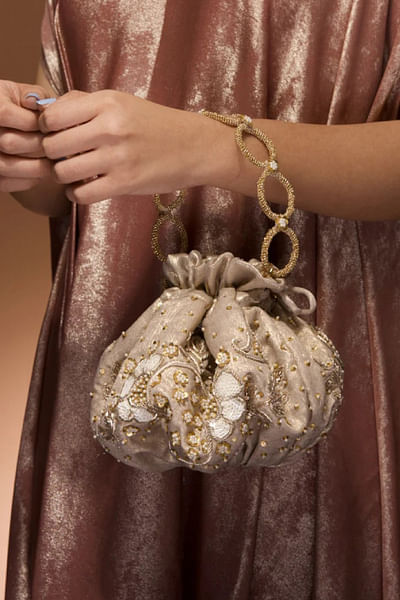 Gold floral zardozi embroidery potli bag
