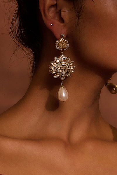 Gold floral zircon and pearl drop earrings