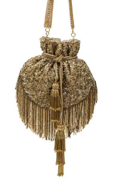 Gold fringe embellished potli bag