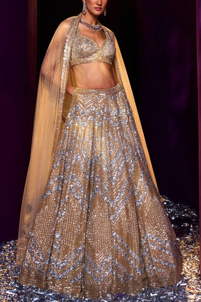 Gold geometric embroidery lehenga set