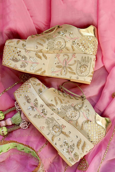 Gold hand sequin embroidered sneaker wedges