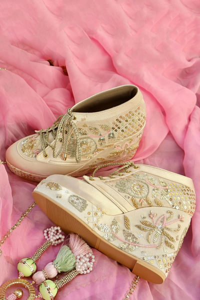 Gold hand sequin embroidery sneaker wedges