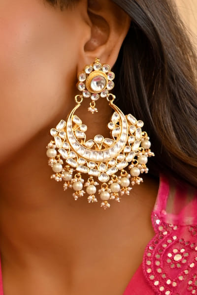 Gold kundan and pearl chandbalis