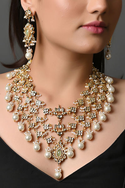 Gold kundan and pearl layered necklace set