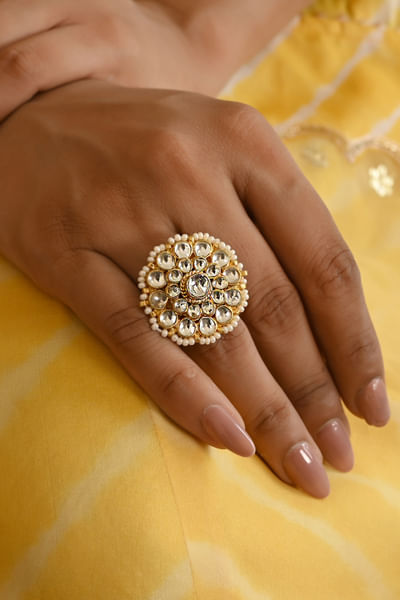 Gold kundan and pearl ring