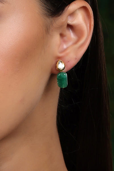 Green kundan and stone teardrop earrings