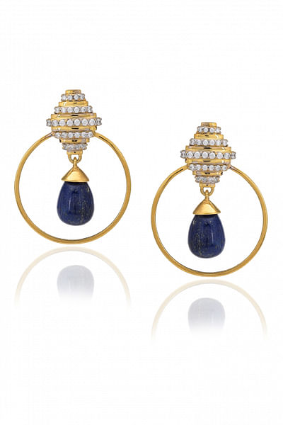 Gold lapis lazuli stone circular drop earrings