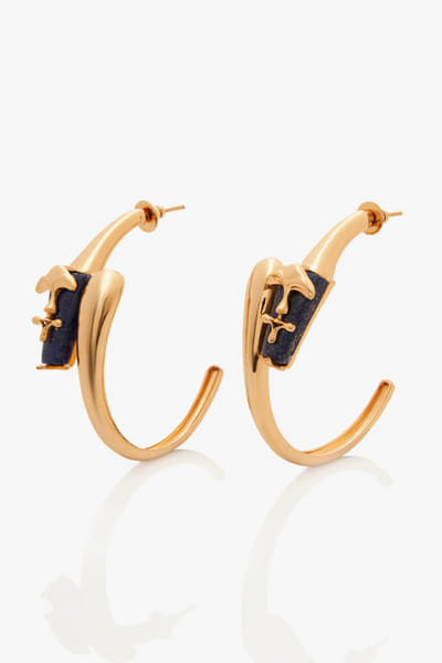Gold lapis lazuli stone half hoop earrings