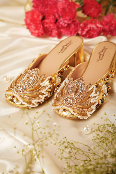 Gold lotus embroidered mule heels