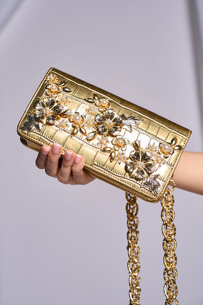 Gold metal ornamented waist belt bag
