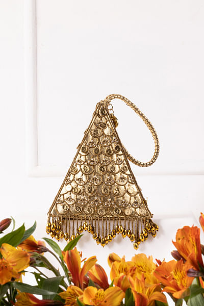 Gold metallic embroidered triangle bag