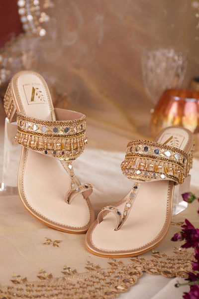 Gold mirror embellished block heels