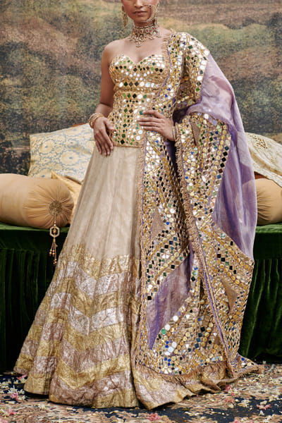 Gold mirror embroidered blouse and lehenga set
