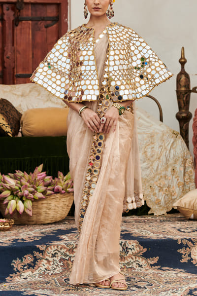 Gold mirror embroidered cape sari set