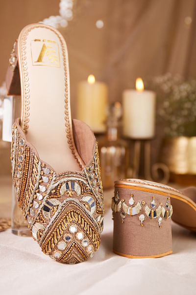 Gold mirror embroidered mule heels