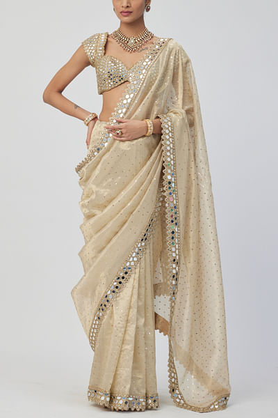 Gold mirror embroidered sari set