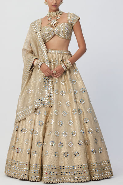 Gold mirror embroidery lehenga set