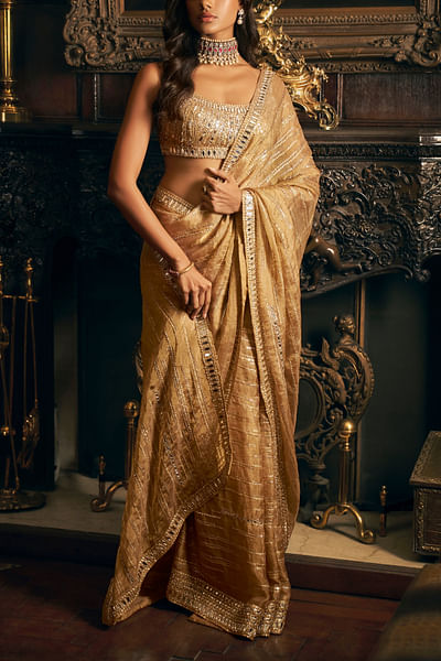 Gold mirror embroidery sari set