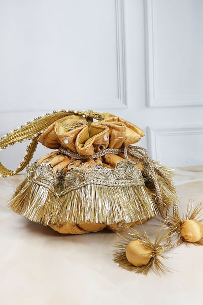 Gold mirror work fringed potli bag