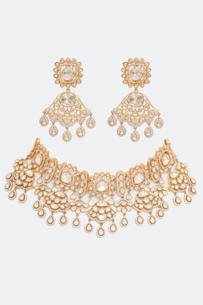 Zevar By Geeta Gold moissanite embellished necklace set ZEVMAR25D119689