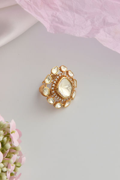 Gold moissanite polki and cubic zirconia ring