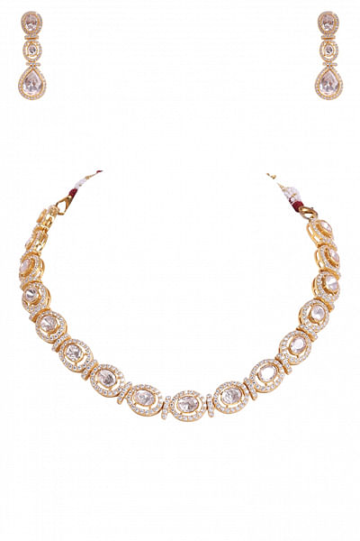Gold moissanite polki silver necklace set