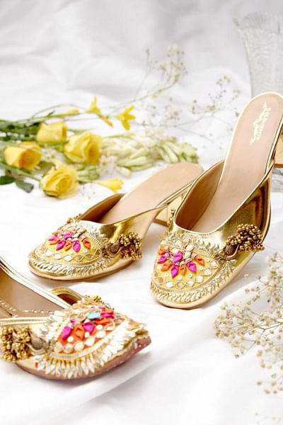 Gold peacock and gota detail mule heels