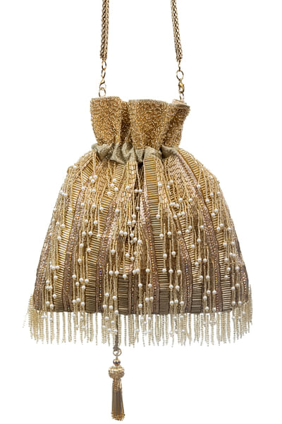 Gold pearl and bead tasselled potli bag