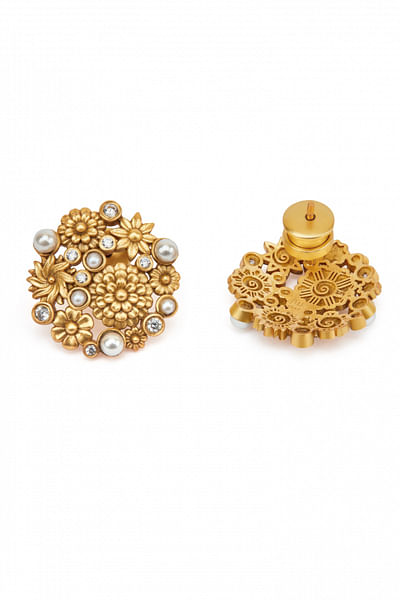 Gold pearl and floral statement studs