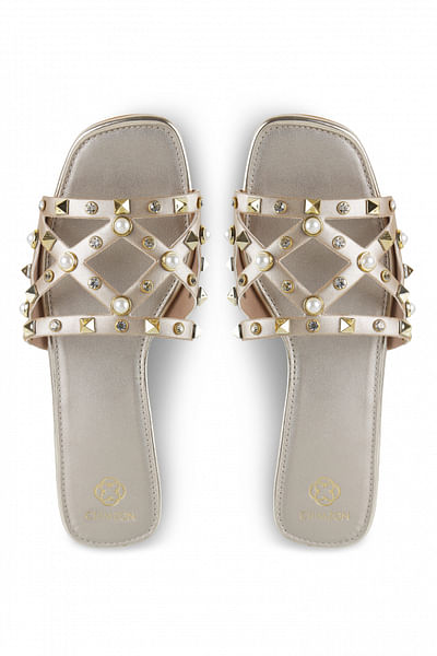 Gold pearl and metallic embellished flats