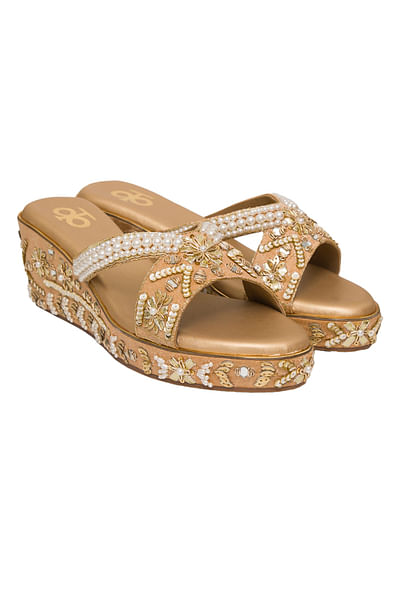 Gold pearl embellished wedges