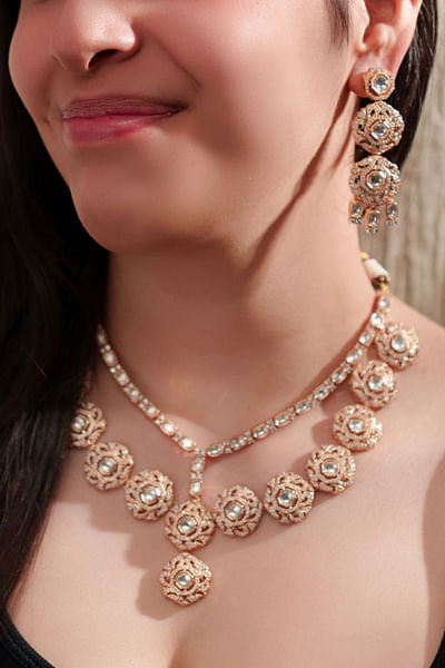 Gold plated kundan polki layered necklace set