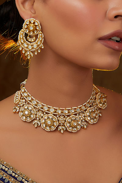 Gold polki and pearl embellished necklace set
