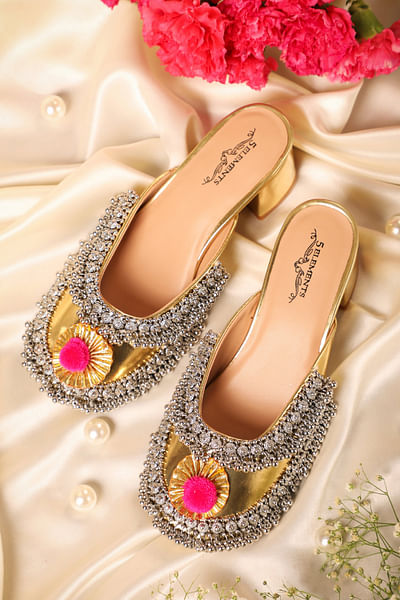 Gold pom pom and metallic detail mule heels