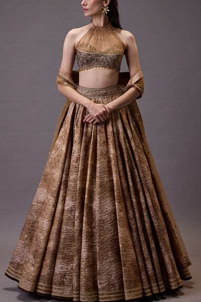 Gold printed brocade lehenga set