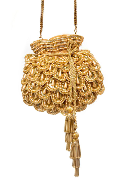 Gold scalloped pearl potli bag