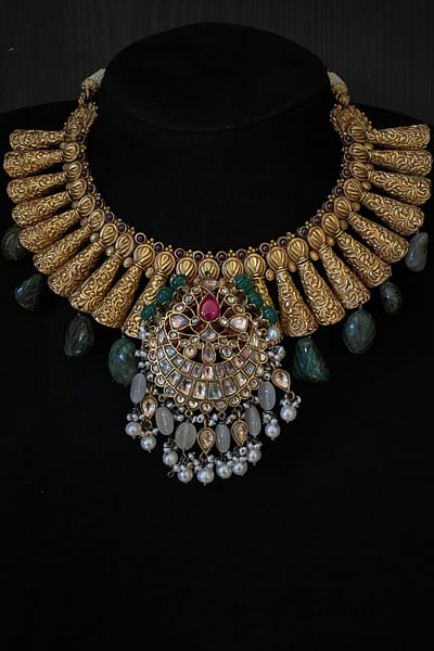Gold semi-precious stone and kundan necklace